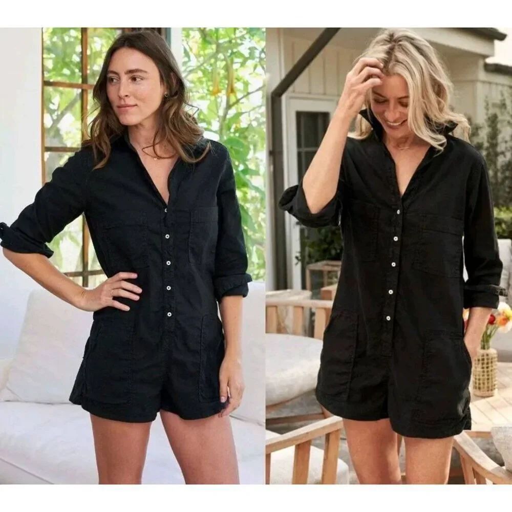 Frank & Eileen Ireland Black Long Sleeve Cotton Flax Romper Jumpsuit Size XXS